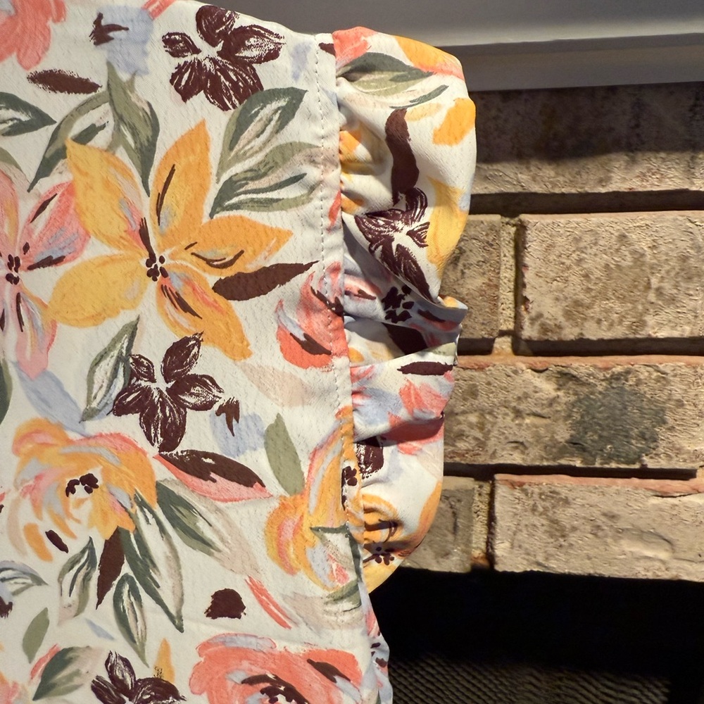 Ruffled Mock-Neck Floral Blouse - White with Yellow & Pink - Picture 5 of 5